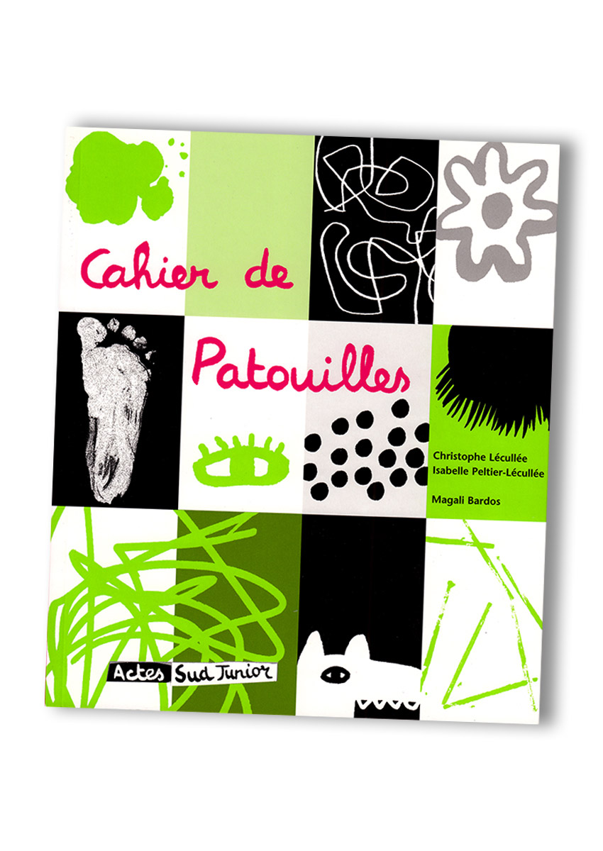 Cahier de Patouilles © Magali Bardos illustration Christophe Léculée Isabelle Peltier-Léculée Actes sud junior activity book for children two-color green black drawing cutting collage painting wolf foot