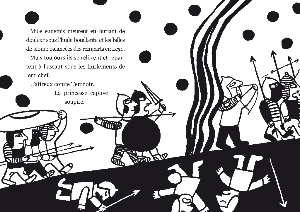 Petit samouraï © Magali Bardos Sylvie Deshors éditions du Rouerge collection Zig zag illustration noir et blanc gouache noire bébé amitié chateau soldats