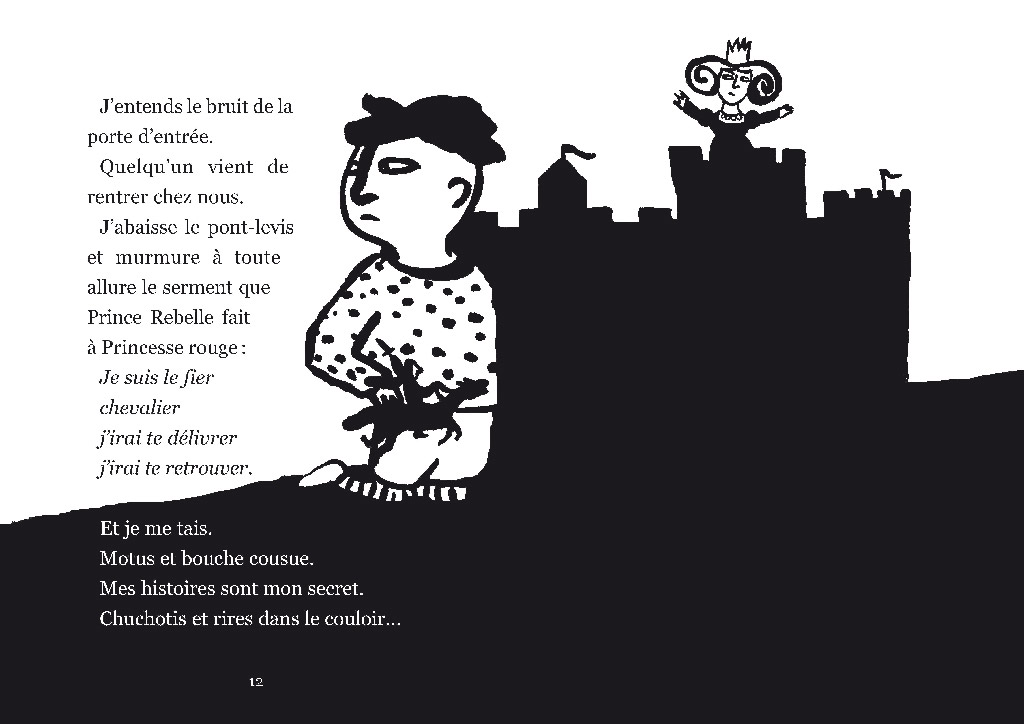 Petit samouraï © Magali Bardos Sylvie Deshors éditions du Rouerge collection Zig zag illustration noir et blanc gouache noire bébé amitié chateau princesse chevalier