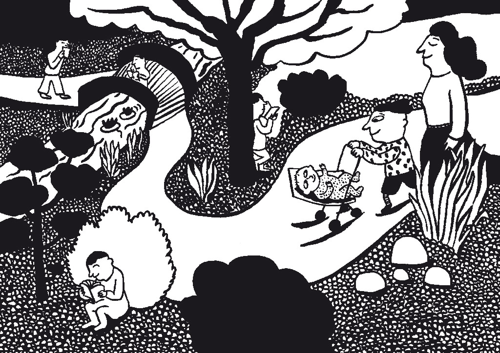 Petit samouraï © Magali Bardos Sylvie Deshors éditions du Rouerge collection Zig zag illustration noir et blanc gouache noire bébé amitié chateau jardin japonnais poussette promenade