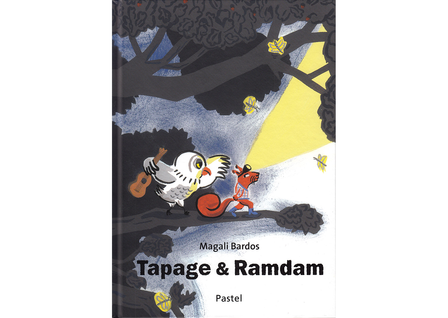 Tapage & Ramdam © Magali Bardos Pastel L'école des loisirs album jeunesse nuit chouette écureuil lumière lampe frontale guitare