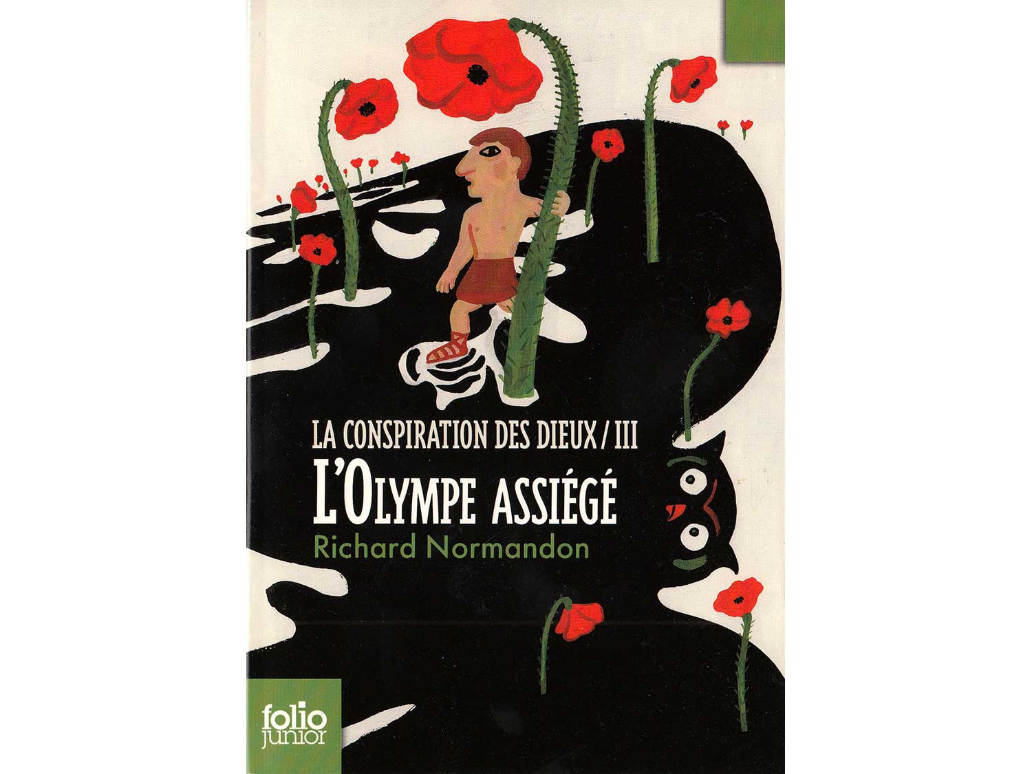 La conspiration des dieux - L'olympe assiégé - Richard Normandon / © Magali Bardos Gallimard Folio junior illustration de couverture gouache noir rouge coquelicot chouette