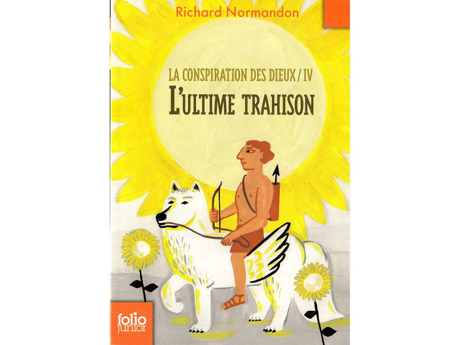 La conspiration des dieux - Richard Normandon / © Magali Bardos Gallimard Folio junior illustration couverture gouache jaune soleil