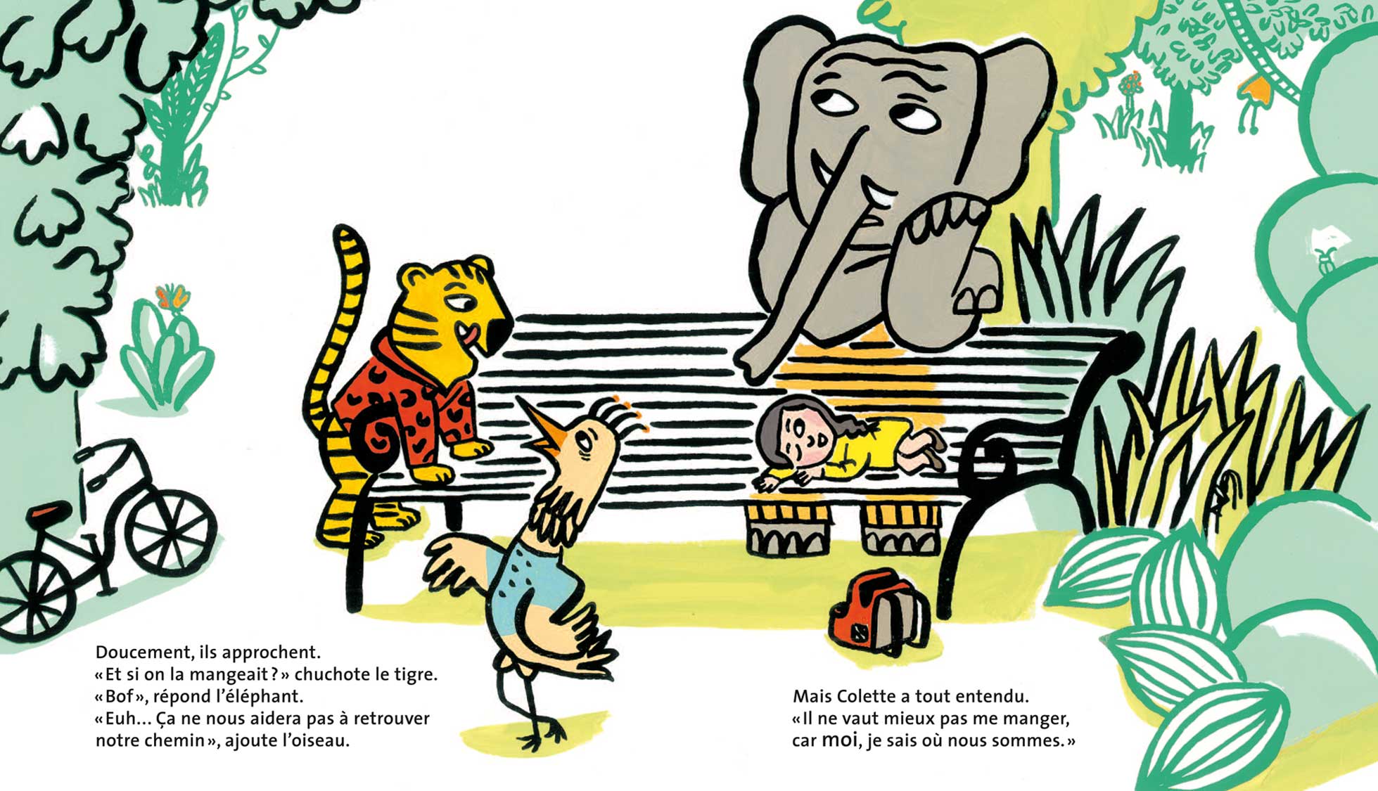 On est foutus Magali Bardos Pastel L'école des loisirs album jeunesse illustration originale perdu dans la forêt jungle animaux petite fille éléphant tigre oiseau
