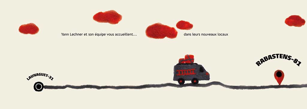 carte de voeux 2018 Atelier Matières © Magali Bardos camion déménagement illustration laine feutrée bleu orange gris noir blanc
