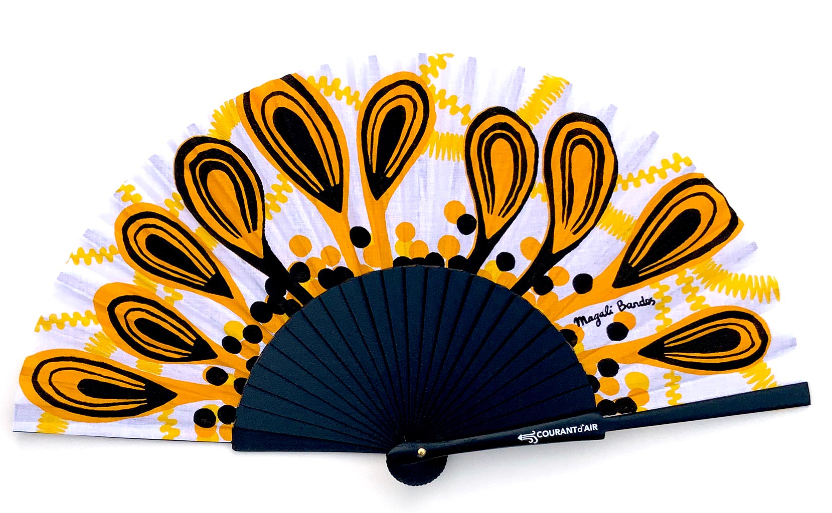 © courant d'air 04 © Magali Bardos éventail handfan abanicos motif pattern sérigraphie sur tissus silkscreen noir jaune paon