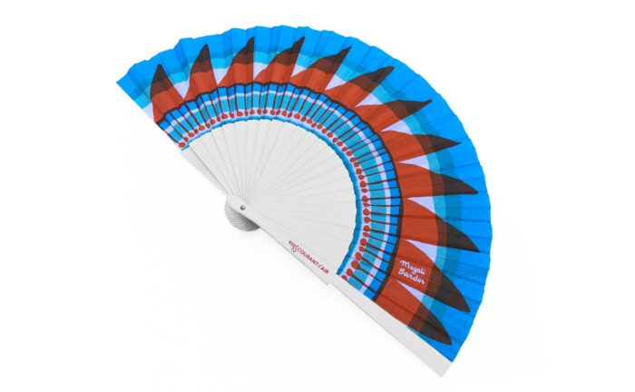 Sunscreen ©courant d'air © Magali Bardos éventail handfan abanicos motif pattern sérigraphie sur tissus silkscreen bleu rouge blanc iroquois soleil