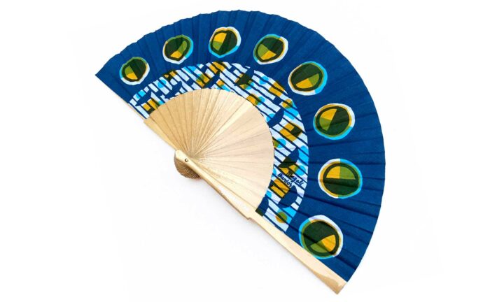 Eclipse © courant d'air © Magali Bardos éventail handfan abanicos motif pattern sérigraphie sur tissus silkscreen bleu jaune cycle de la lune