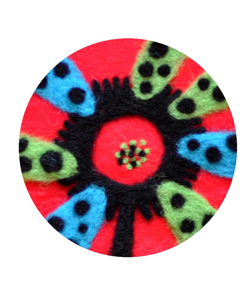 Greeting  card happy new year 2020 Magali bardos illustration felted wool flower red green blue black soft warm