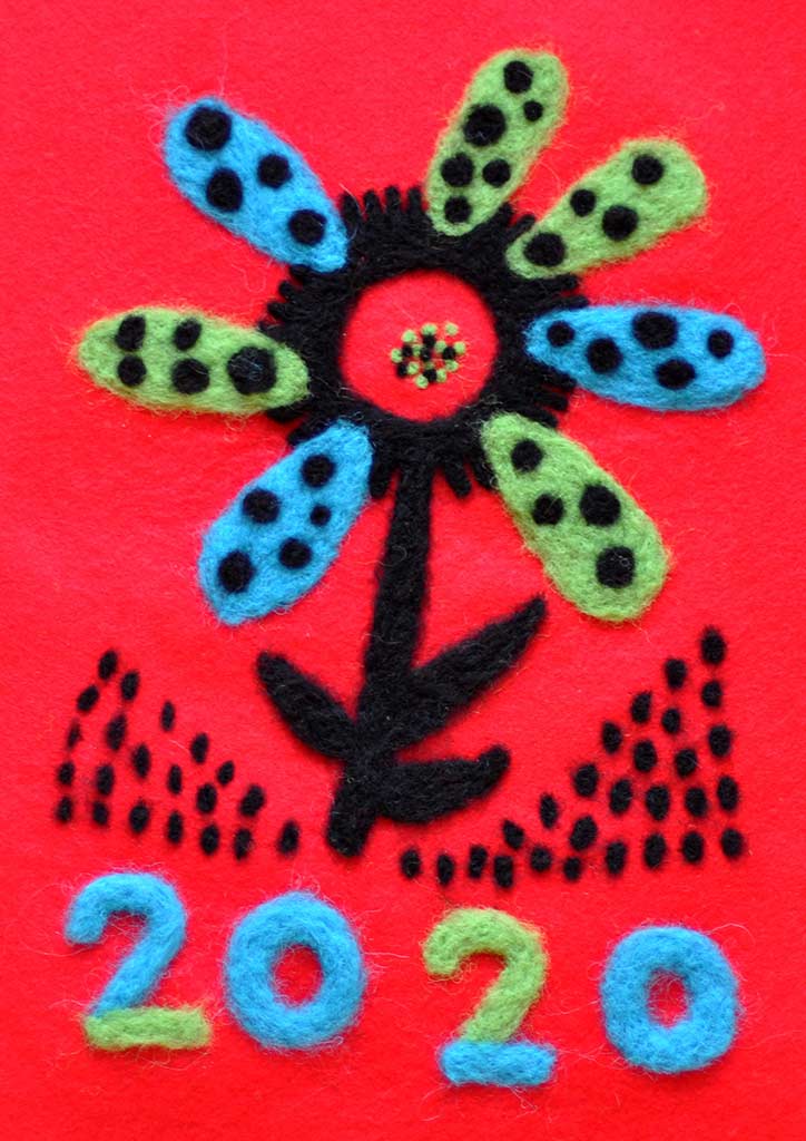 carte de voeux 2020 Magali bardos illustration laine feutrée fleur rouge vert bleu noir