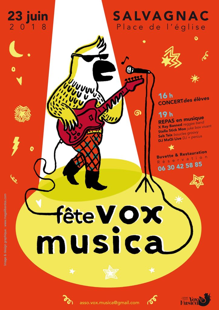 Affiche Magali Bardos fête vox musica fête de la musique concert rock guitare perroquet salvagnac étoile lune projecteurs 2018