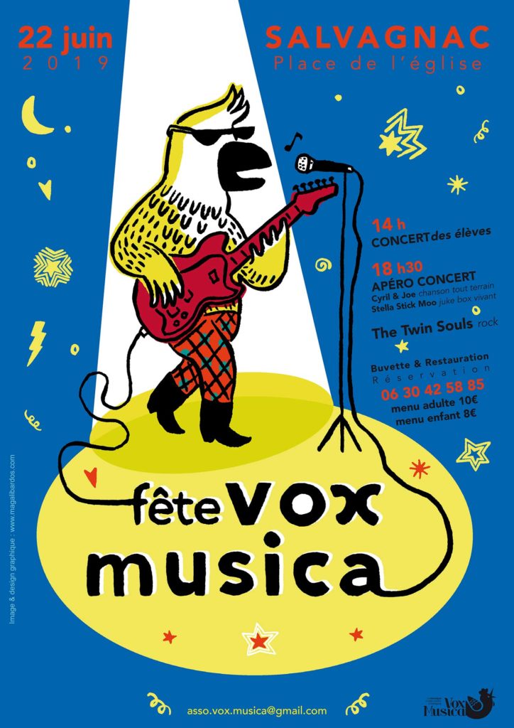 Affiche Magali Bardos fête vox musica fête de la musique concert rock guitare perroquet salvagnac étoile lune projecteurs 2019