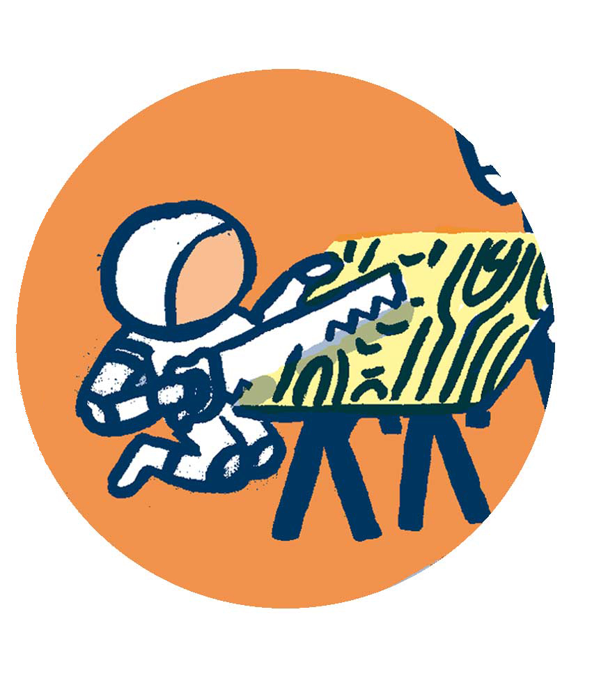 carte de voeux 2019 Atelier Matières © Magali Bardos menuiserie espace cosmonaute outils scie marteau caisse à outils jaune orange ciel