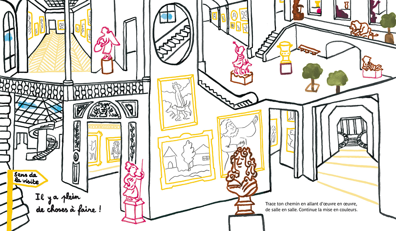 Cahier de Patouilles au louvre © Magali Bardos Actes sud junior cahier d'activité labyrinthe galeries peinture sculpture buste dessin coloriage