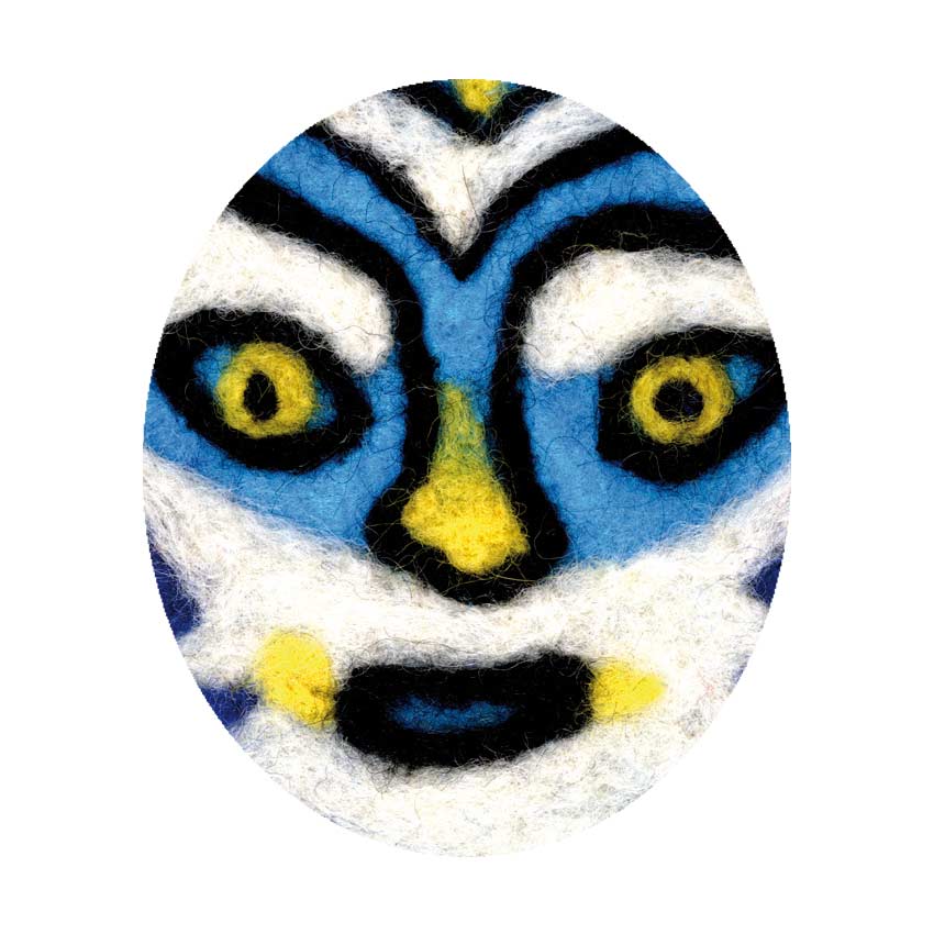 carte de voeux 2021 ©Magali Bardos laine feutrée masque théâtre scène bleu rideau étoile orange jaune visage