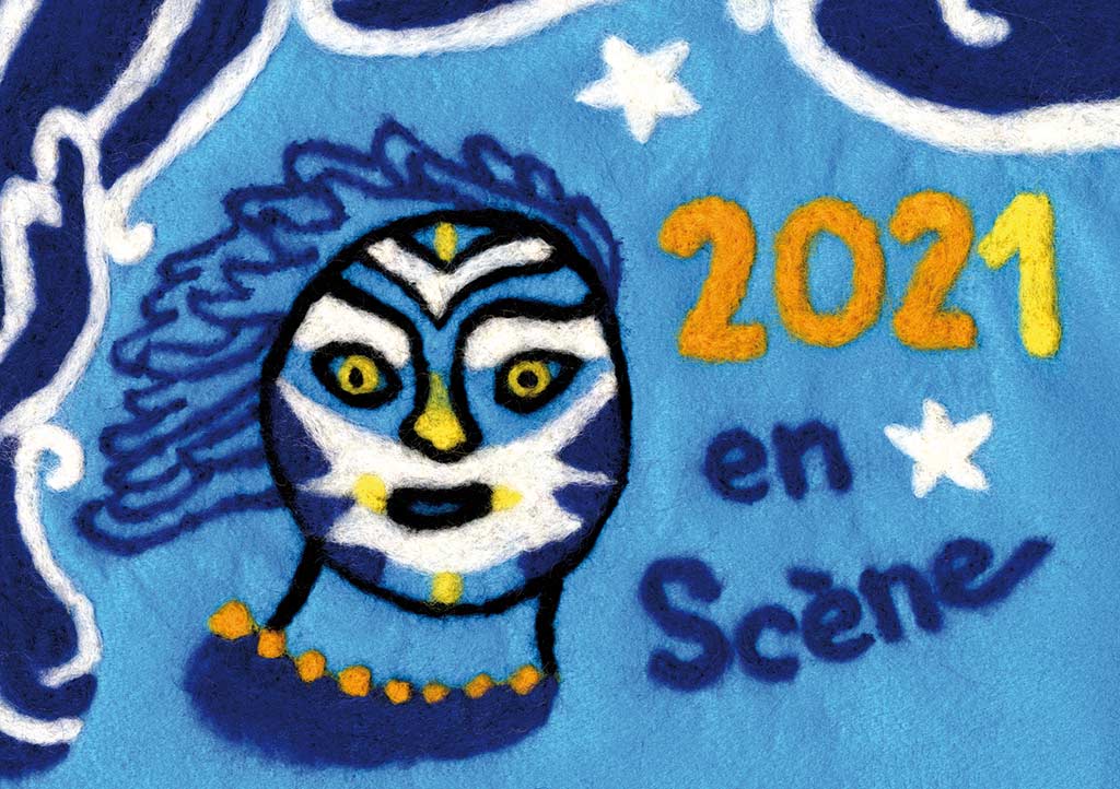 carte de voeux 2021 ©Magali Bardos laine feutrée masque théâtre scène bleu rideau étoile orange jaune visage