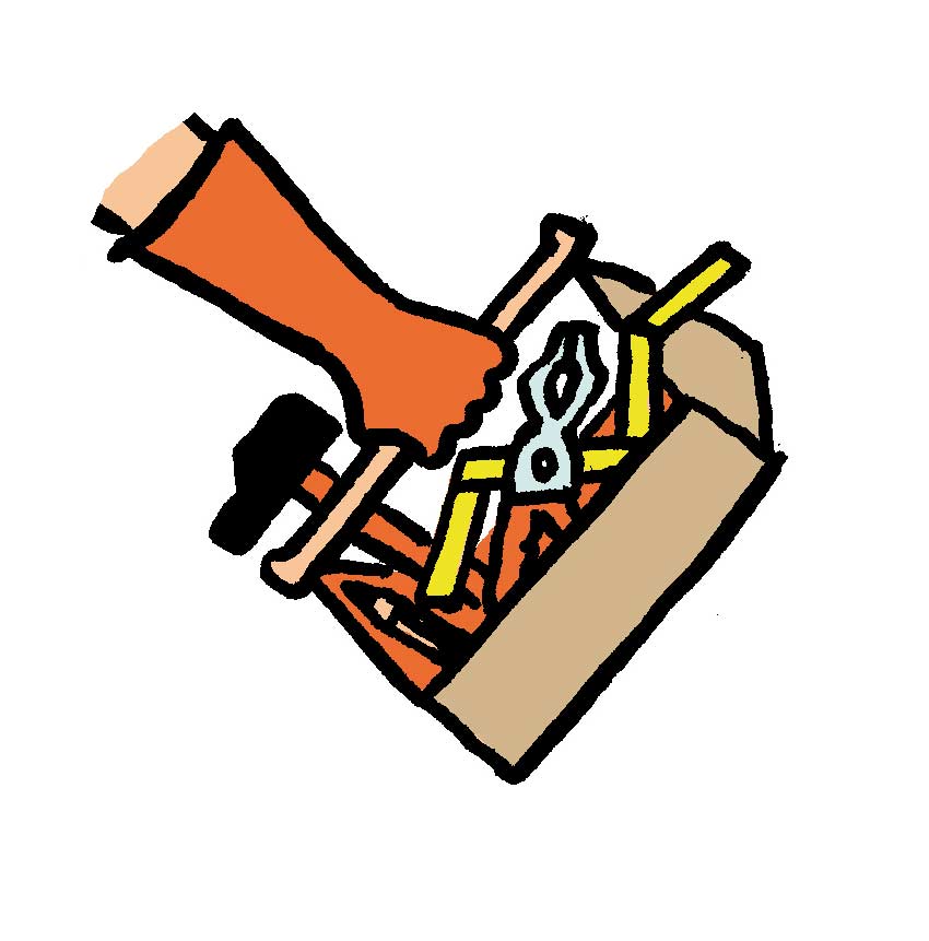 carte de voeux 2021 Atelier Matières © Magali Bardos menuiserie super héros outils scie marteau caisse à outils jaune orange ciel