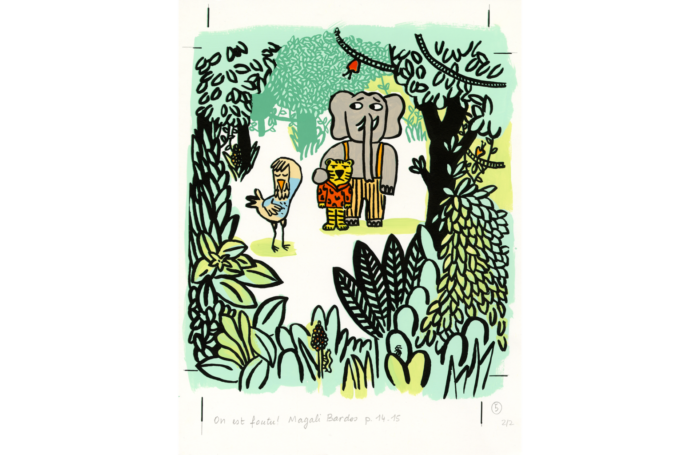 On est foutus Magali Bardos Pastel L'école des loisirs album jeunesse illustration originale perdu dans la forêt jungle animaux petite fille éléphant tigre oiseau