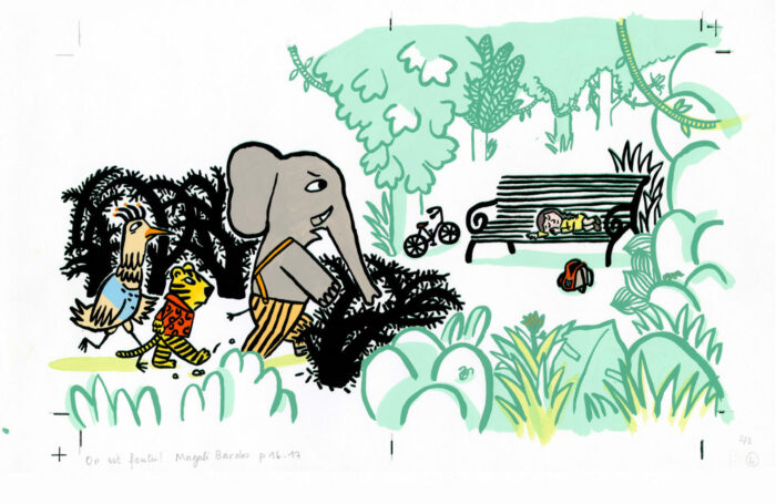 On est foutus Magali Bardos Pastel L'école des loisirs album jeunesse illustration originale perdu dans la forêt jungle animaux petite fille éléphant tigre oiseau