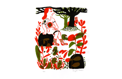 La Pause © Magali Bardos sérigraphie affiche silkscreen printing poster rouge vert noir red green black chaussettes âne randonnée dunky socks treck