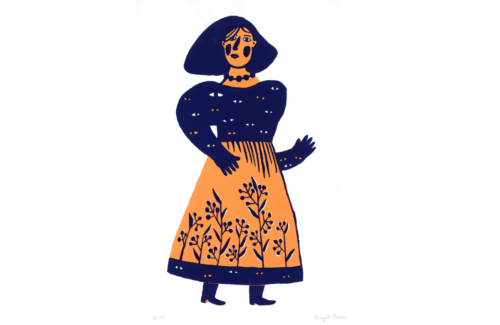 Regards © Magali Bardos sérigraphie silkscreen bichromie bleu orange blue red costume robe dress motif pattern fleur yeux femme woman flower eyes