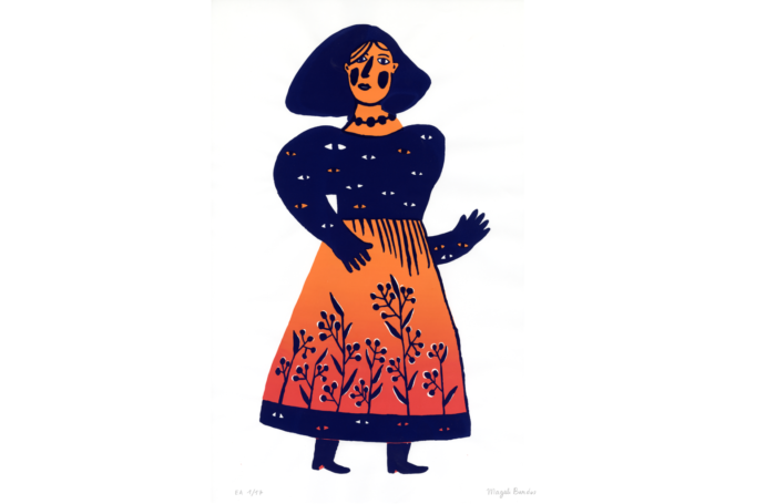 Regards © Magali Bardos sérigraphie silkscreen dégradé bleu orange rouge blue red costume robe dress motif pattern fleur yeux femme woman flower eyes