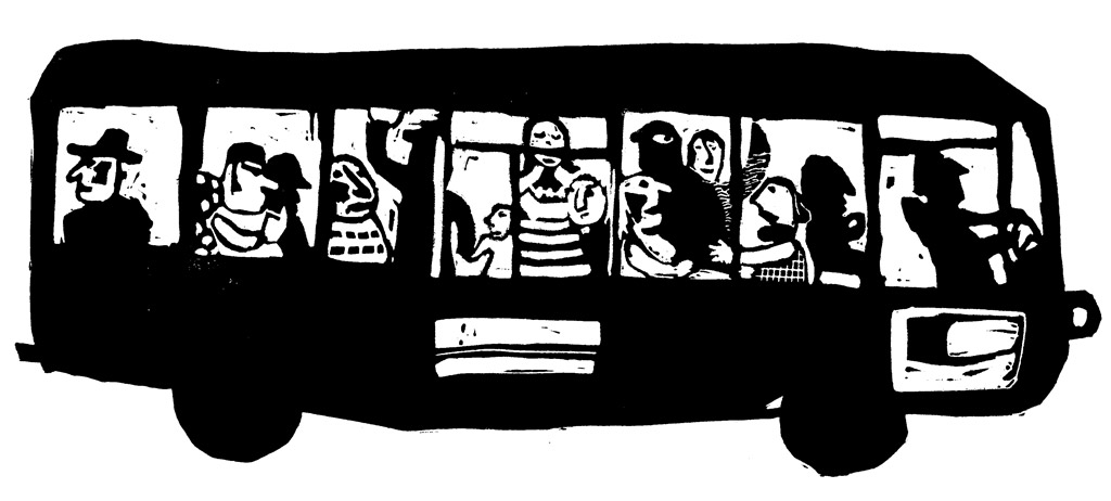 Magali Bardos linogravue autobus noir et blanc heure de pointe