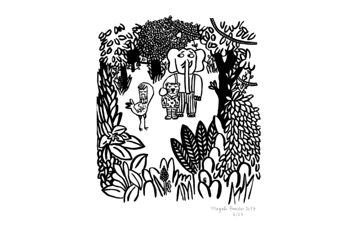 on est foutus © magali bardos pastel ecole des loisirsserigraphie noir blanc illustration conte jungle animaux elephant tigre oiseau petite fille velo foret