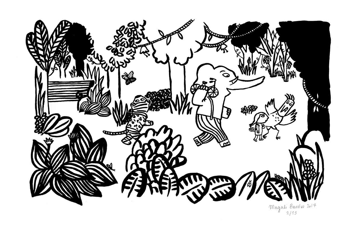 on est foutus © magali bardos pastel ecole des loisirsserigraphie noir blanc illustration conte jungle animaux elephant tigre oiseau petite fille velo foret