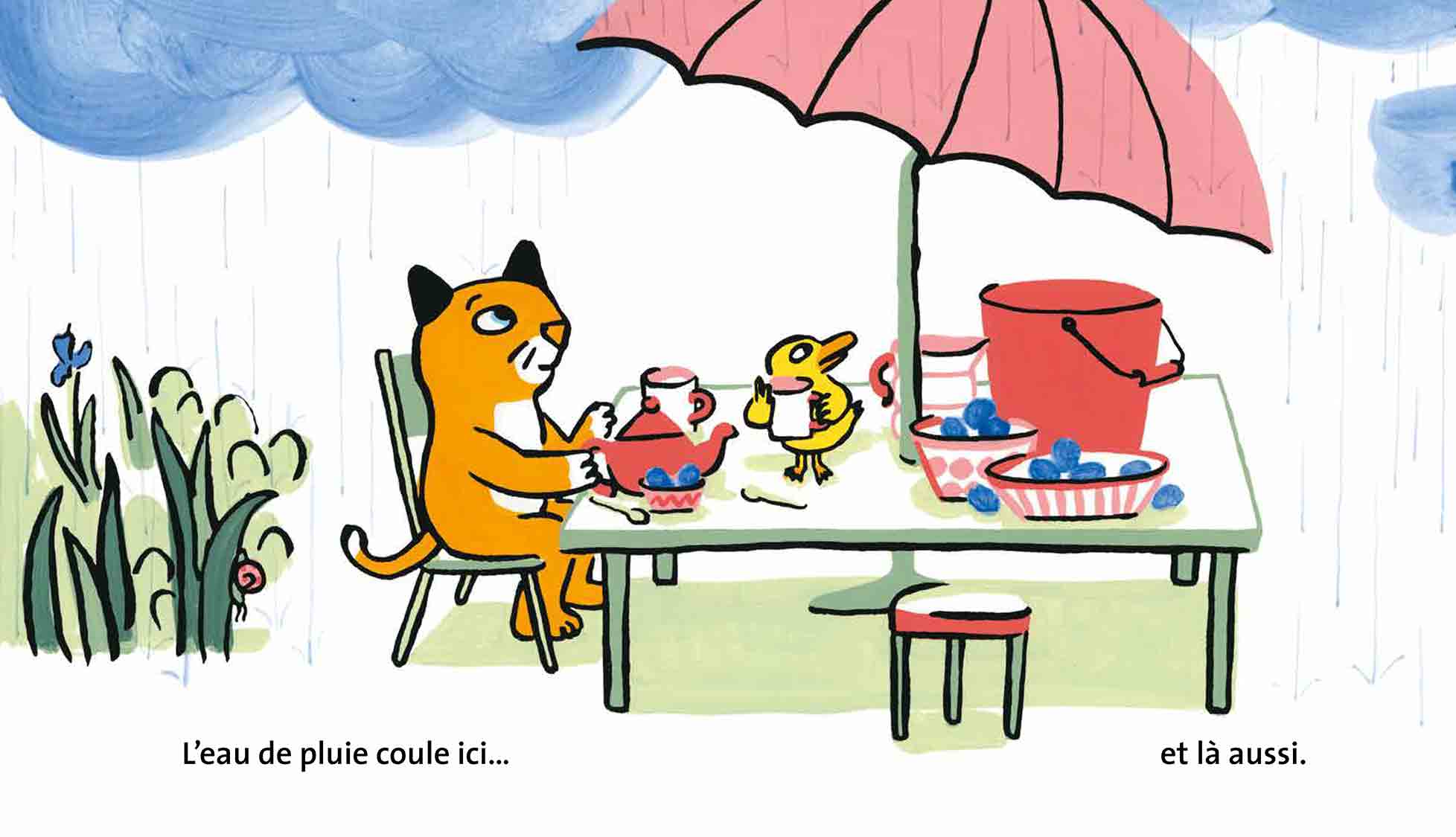 griffachat magali bardos livre cartonne 0-3 ans pastel ecole des loisirs pluie chat the seau eau parasol ete dinette jardin